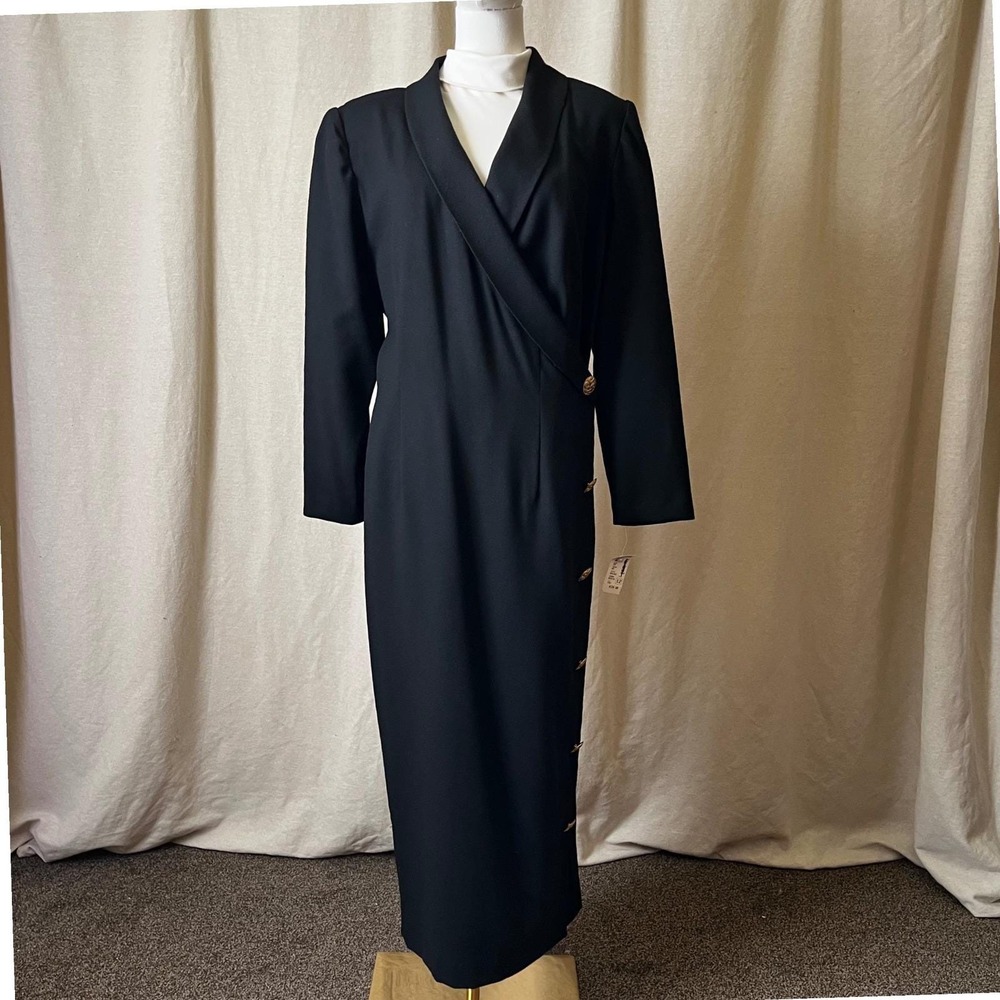 Vintage Oberon 100% Wool Black Maxi Dress Size 12 NWT Gold Button USA 90s‎
